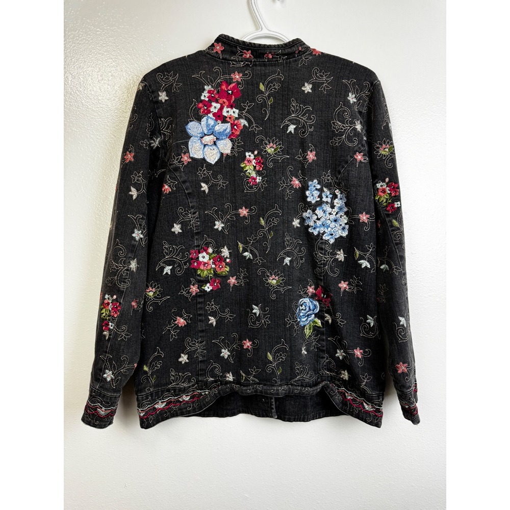 Denim & Co Floral Embroidered Denim Chore Coat Jacket Black Size Large - Picture 3 of 9